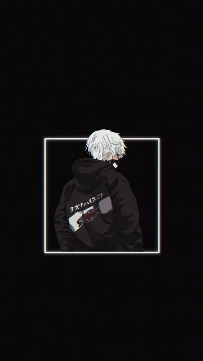 A white-haired figure in a black hoodie sits inside a thin square frame, the rest of the image left almost entirely black.