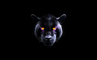 A panther face built from flat facets faces forward, violet and amber eyes the only bright points on the black.