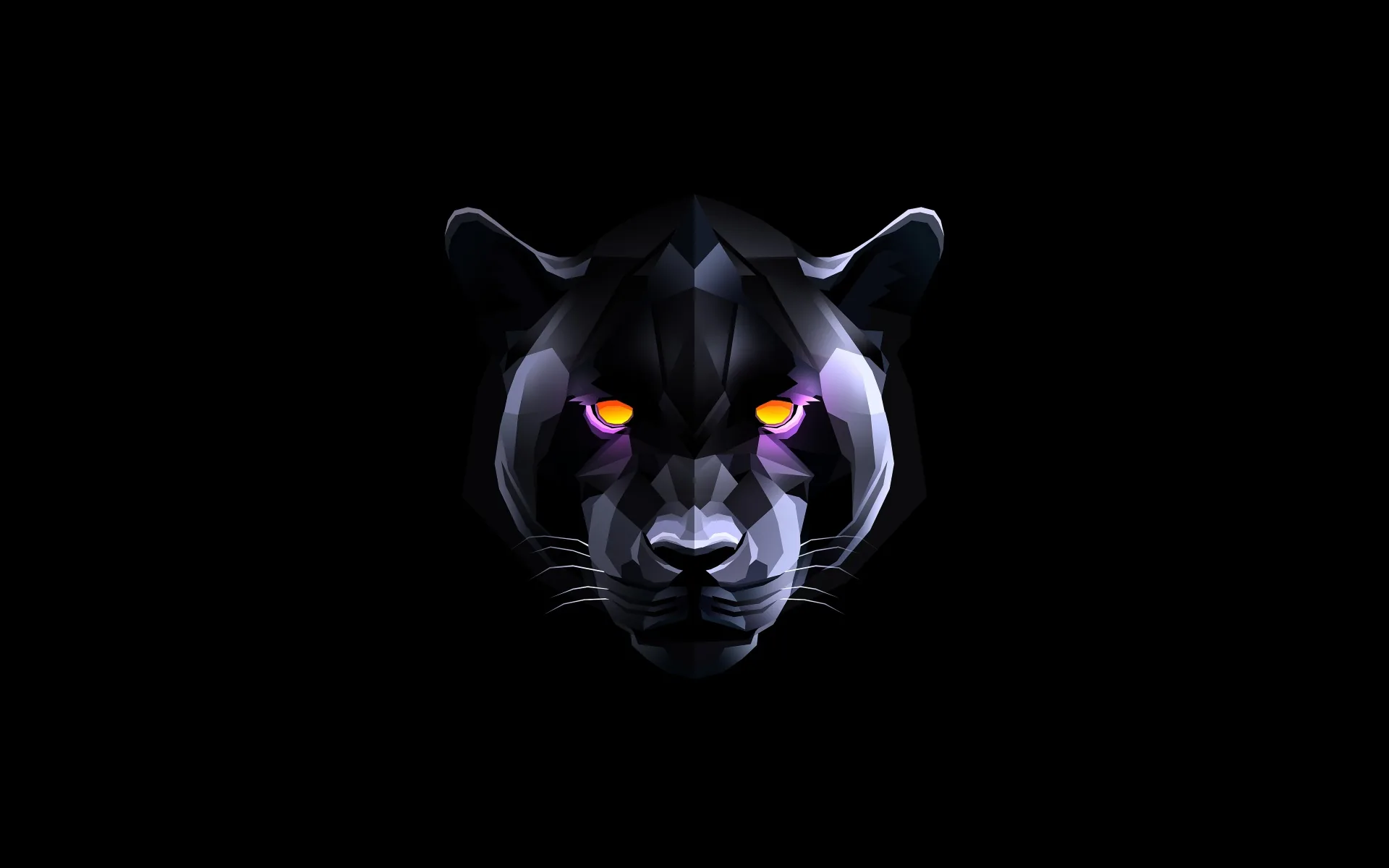 A panther face built from flat facets faces forward, violet and amber eyes the only bright points on the black.