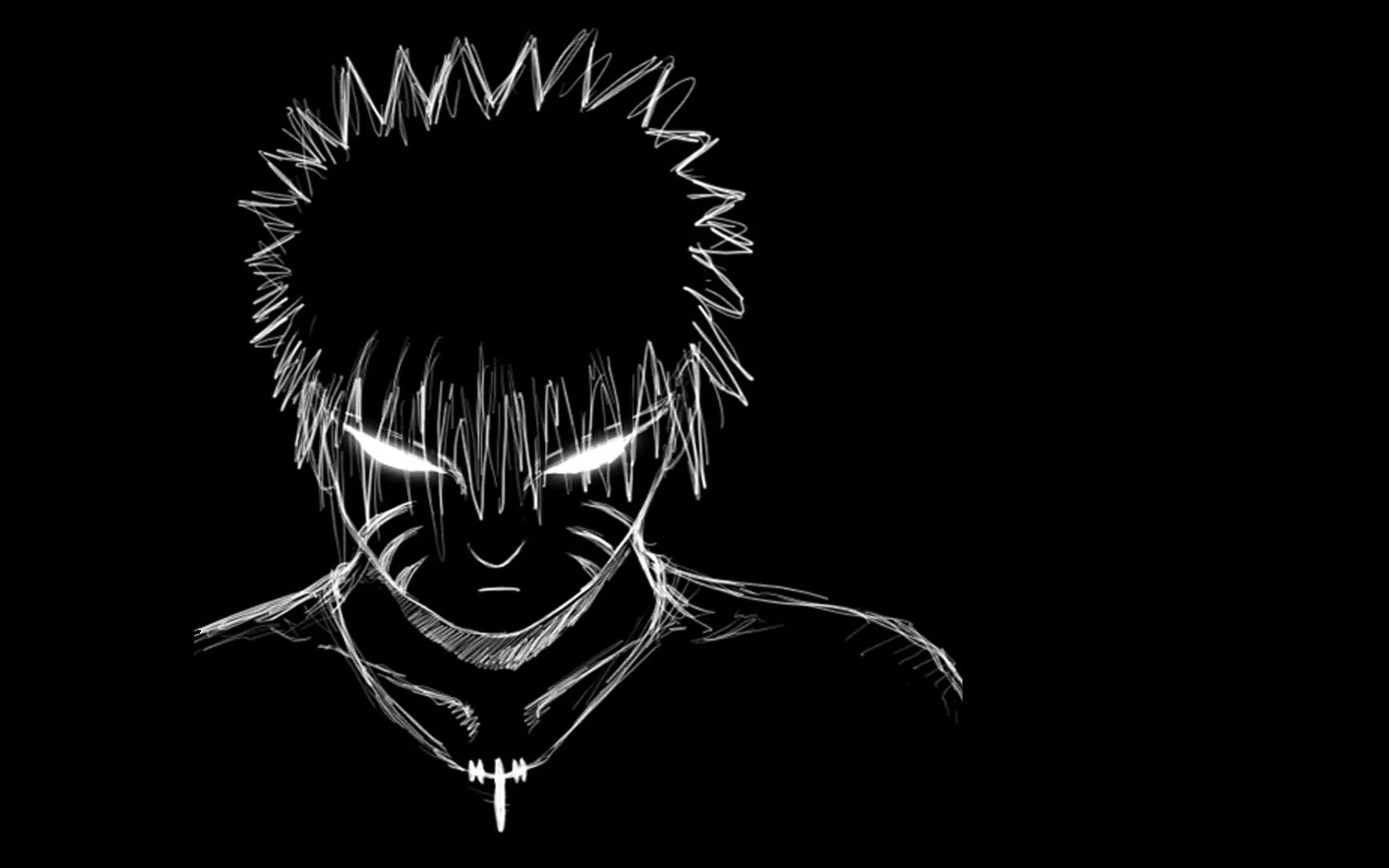 A spiky-haired head drawn in thin white strokes on pure black, the eyes left as solid white slits and a small zipper pull at the collar.