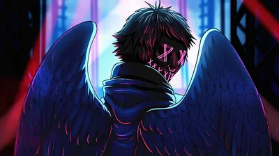 A boy in a blue hood spreads large dark feathered wings, his mask stitched in glowing pink, tall magenta windows lighting the hall behind him.