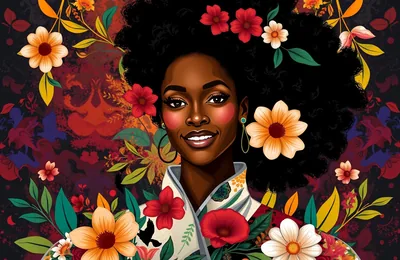 A smiling woman with blossoms tucked into her afro sits ringed by painted flowers on a dark maroon print, big blooms anchoring both left and right edges.