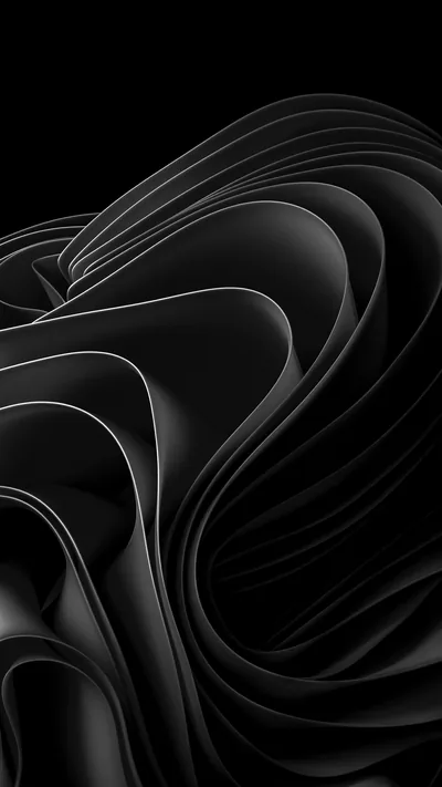 Layers of dark ribbon fold over one another down a tall frame, a thin white line following each crease.