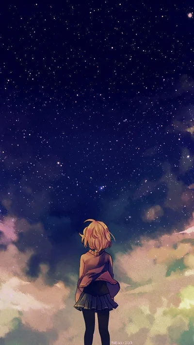 Seen from behind, a blonde girl looks up from dusky pastel clouds into a purple star field that keeps the top half of the frame open for the clock.
