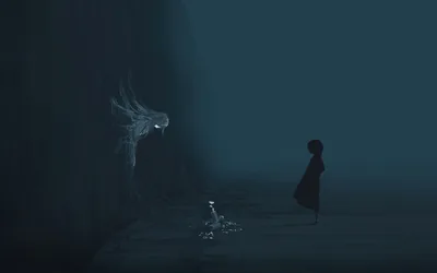 In a wide teal-grey room a hooded child stands to the right while a pale winged spirit hangs in the air opposite, a single small light between them.