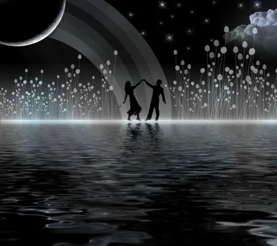 Two silhouettes hold hands and dance on a still black lake, glowing white blooms lining the bank and a ringed planet low in the starry sky.