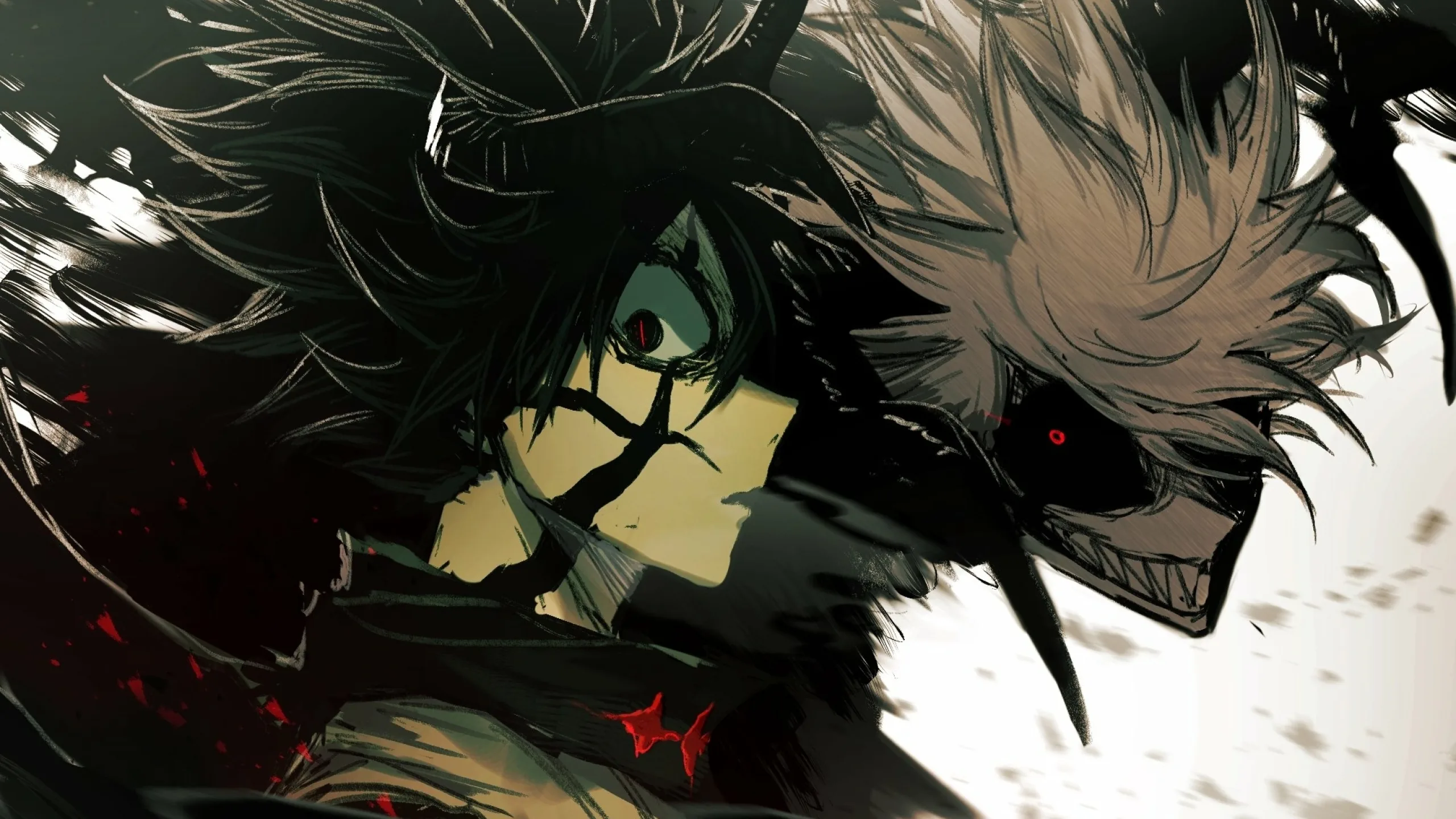Asta's grinning devil form crowds in beside him, black horns and fangs bared, red marks glowing on his chest.