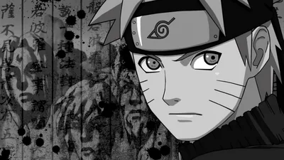 A monochrome close-up of Naruto looking off to the left, columns of kanji and dripping paint marks filling the wall behind him.