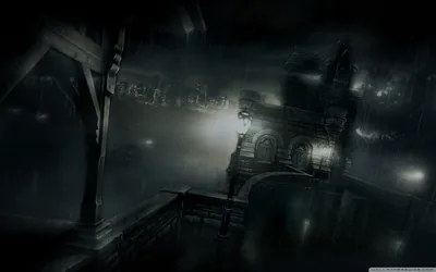 Rain streaks past the lantern-lit arches of a dark stone fortress rendered in near-monochrome blue, the foreground bridge sunk in shadow for icons.