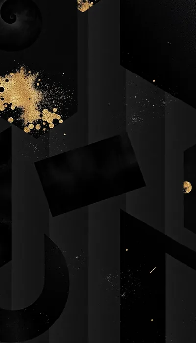 Matte black bars and circles layer over a dark ground, gold flakes and a dusting of glitter thrown across the upper left corner.