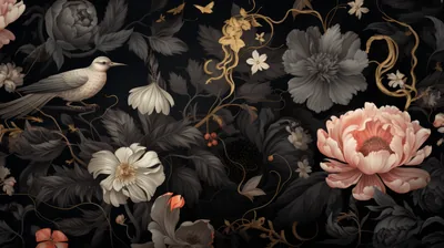 A grey bird perches on the left of a painted dark garden, gold vines winding between charcoal leaves and a large peach peony on the right.