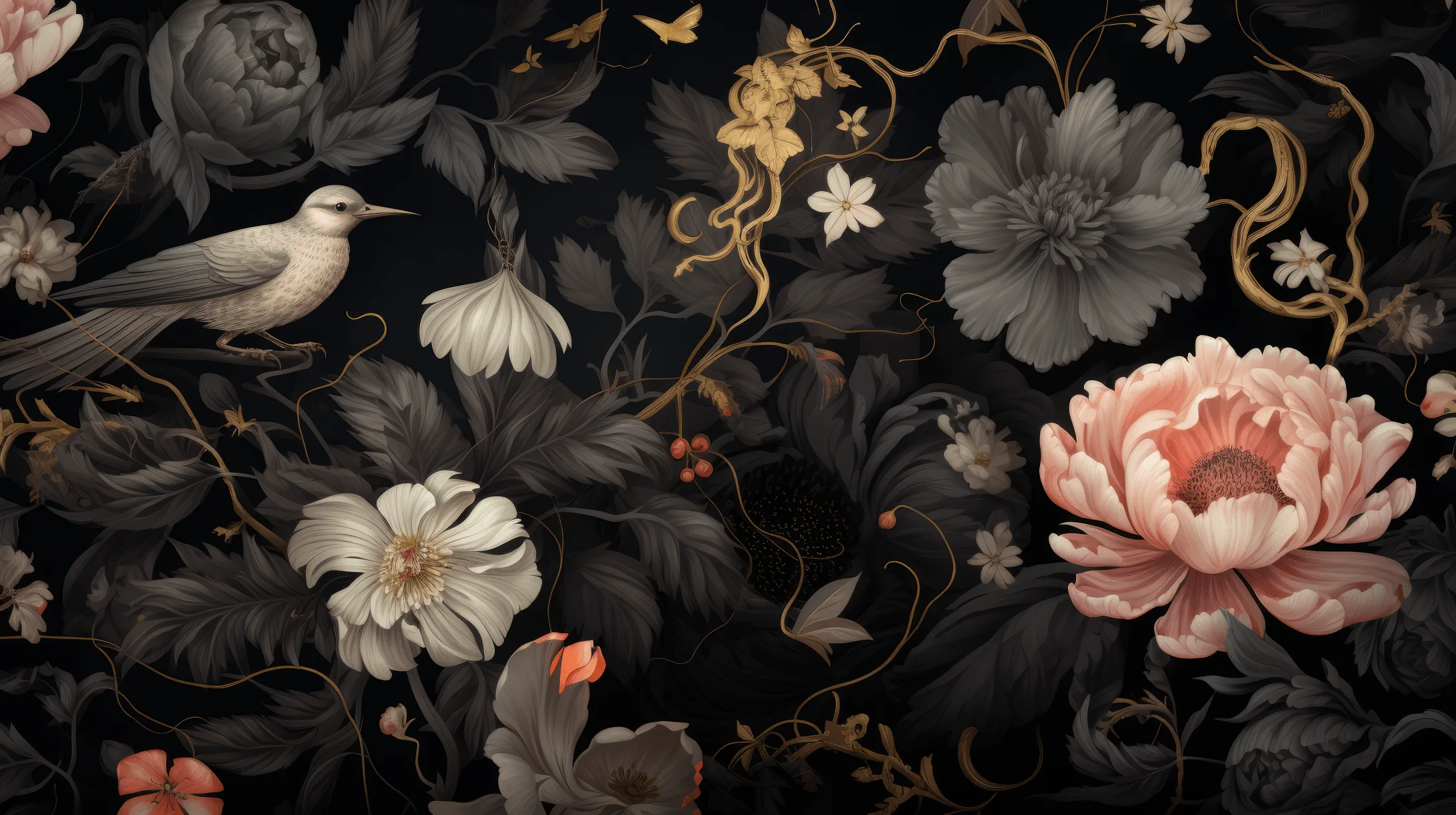 A grey bird perches on the left of a painted dark garden, gold vines winding between charcoal leaves and a large peach peony on the right.