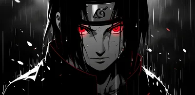 Red Sharingan eyes cut through a downpour, the high collar and dark hair rendered in charcoal grey with red cloud edges just visible.