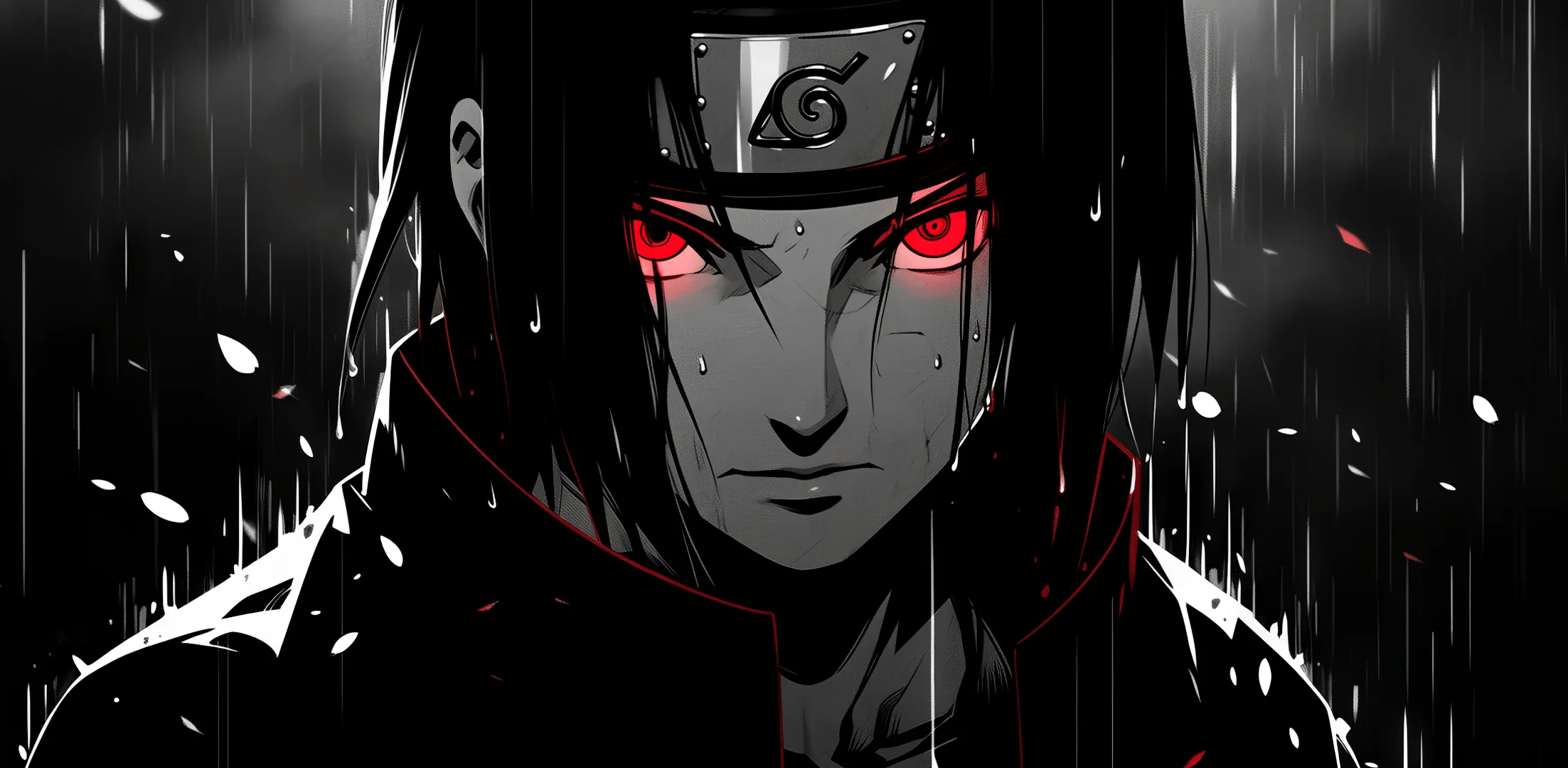 Red Sharingan eyes cut through a downpour, the high collar and dark hair rendered in charcoal grey with red cloud edges just visible.
