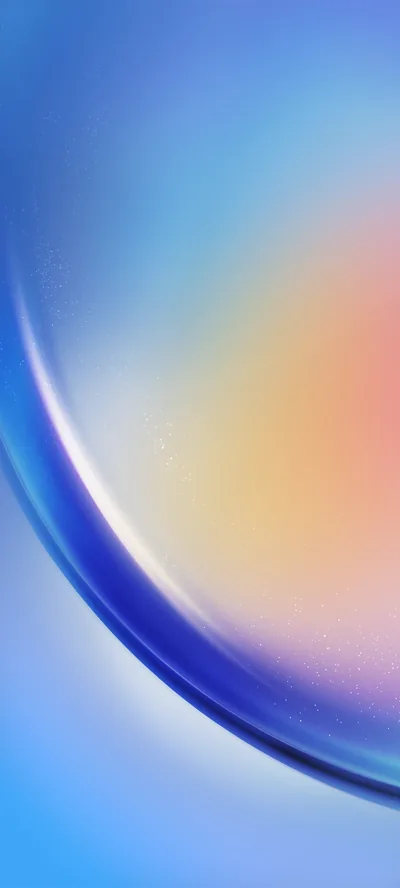 A glassy blue arc bows from the top left to the bottom right, a soft peach glow behind its centre and fine grain visible only up close.