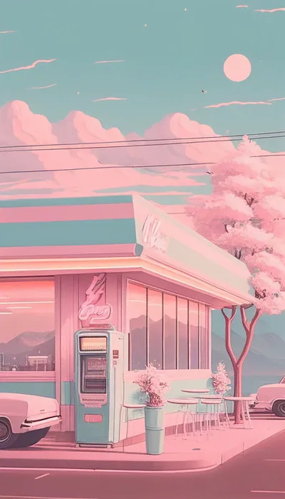 A mint and pink roadside diner sits under a pale moon, a blossoming tree leaning over its roof and vintage cars parked outside.