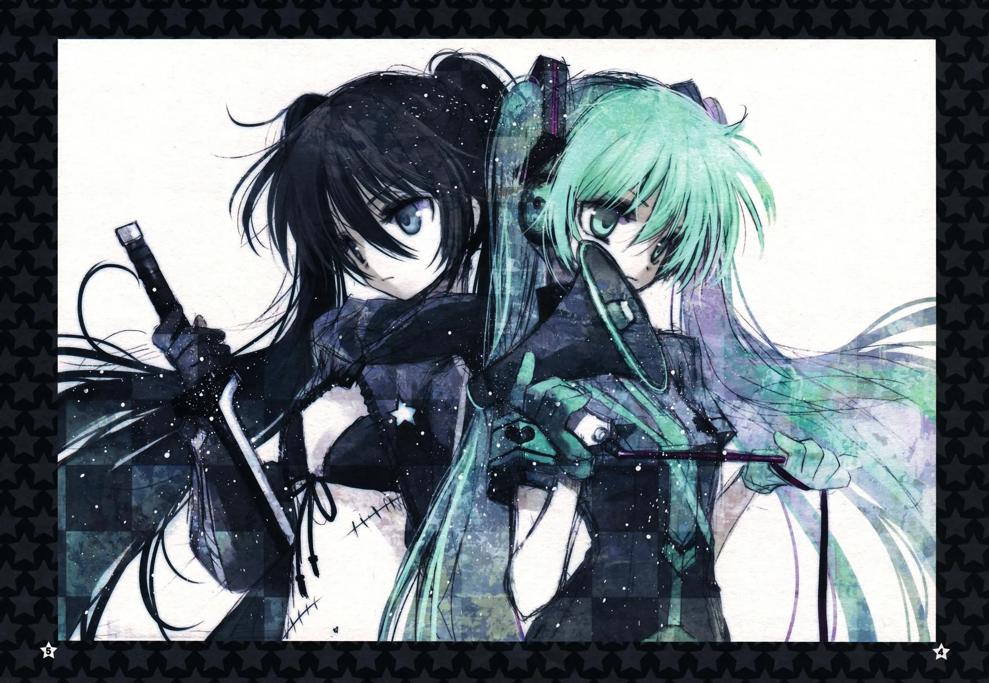 A blue-eyed and a teal-haired girl stand back to back in loose watercolour, the whole panel framed by a black checkered border.