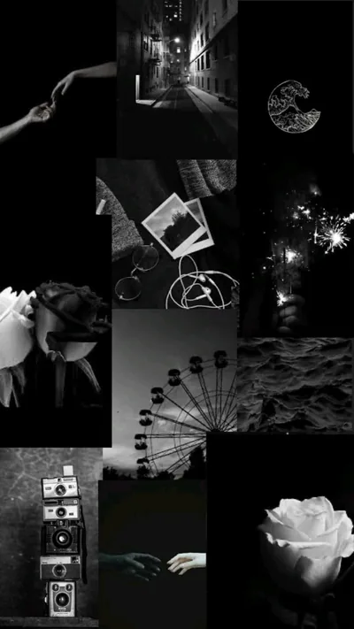 A ferris wheel, a sparkler, an alleyway and a white rose sit side by side in grainy black and white, a crescent moon sketched into the top corner.