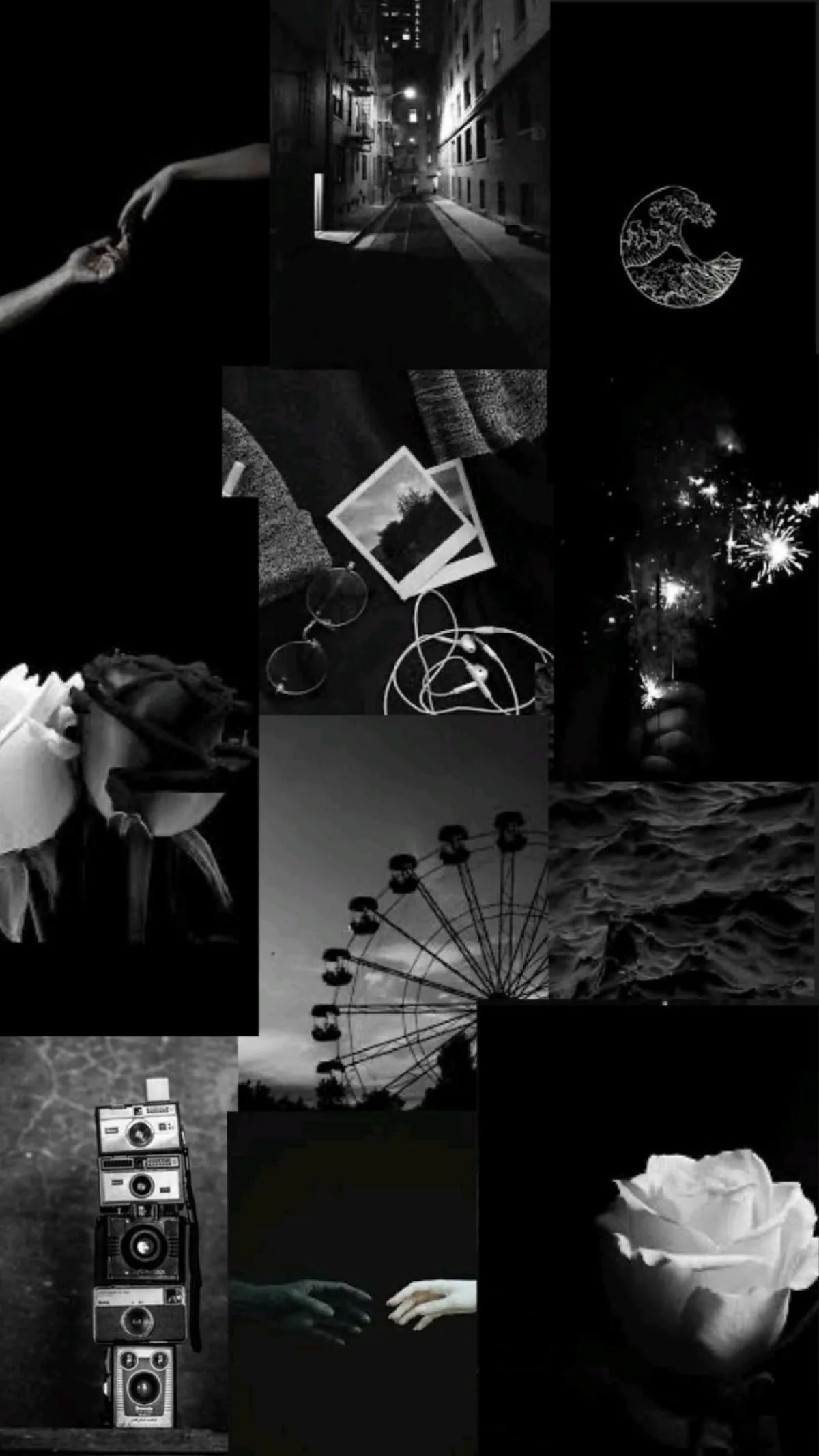 A ferris wheel, a sparkler, an alleyway and a white rose sit side by side in grainy black and white, a crescent moon sketched into the top corner.