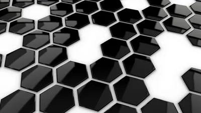 Polished black hexagon tiles crowd the lower frame and thin out toward the top, each one catching a hard specular streak along its face.