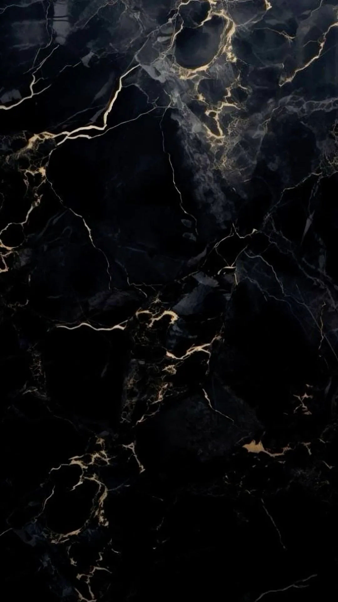 Thin gold veins crackle across polished black stone, densest down the left side and lower third, leaving the mid right in almost unbroken black.