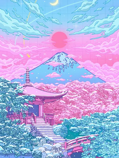 A rose-pink pagoda stands before a snow-capped mountain wrapped in pink clouds, the sun a solid red disc in a turquoise sky.