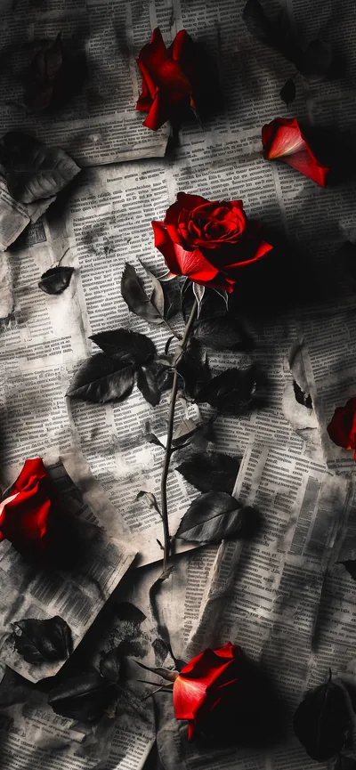 One long-stemmed rose lies over crumpled newsprint in monochrome, loose petals and buds adding spots of red from the top corner down to the lower edge.