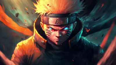 A fierce close-up of Naruto glaring forward, one eye lit electric blue and the other red, embers drifting across a dark teal background that keeps the edges uncluttered.