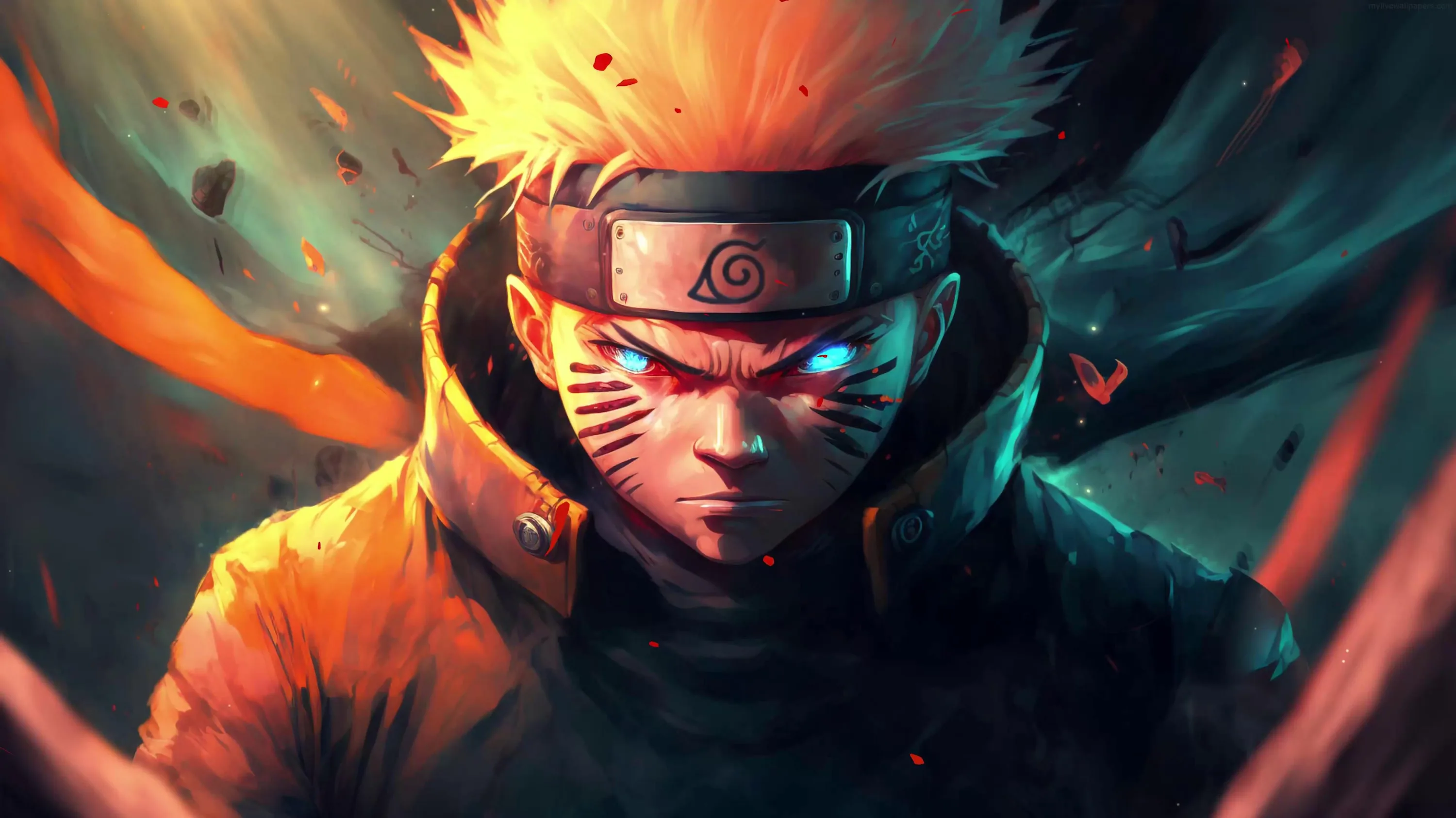 A fierce close-up of Naruto glaring forward, one eye lit electric blue and the other red, embers drifting across a dark teal background that keeps the edges uncluttered.
