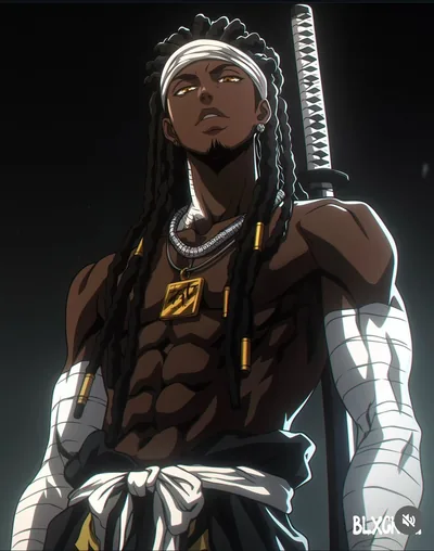 Long locks and a white headband, one arm wrapped in bandages, the sword resting back across his shoulder and a gold pendant hanging at his chest.