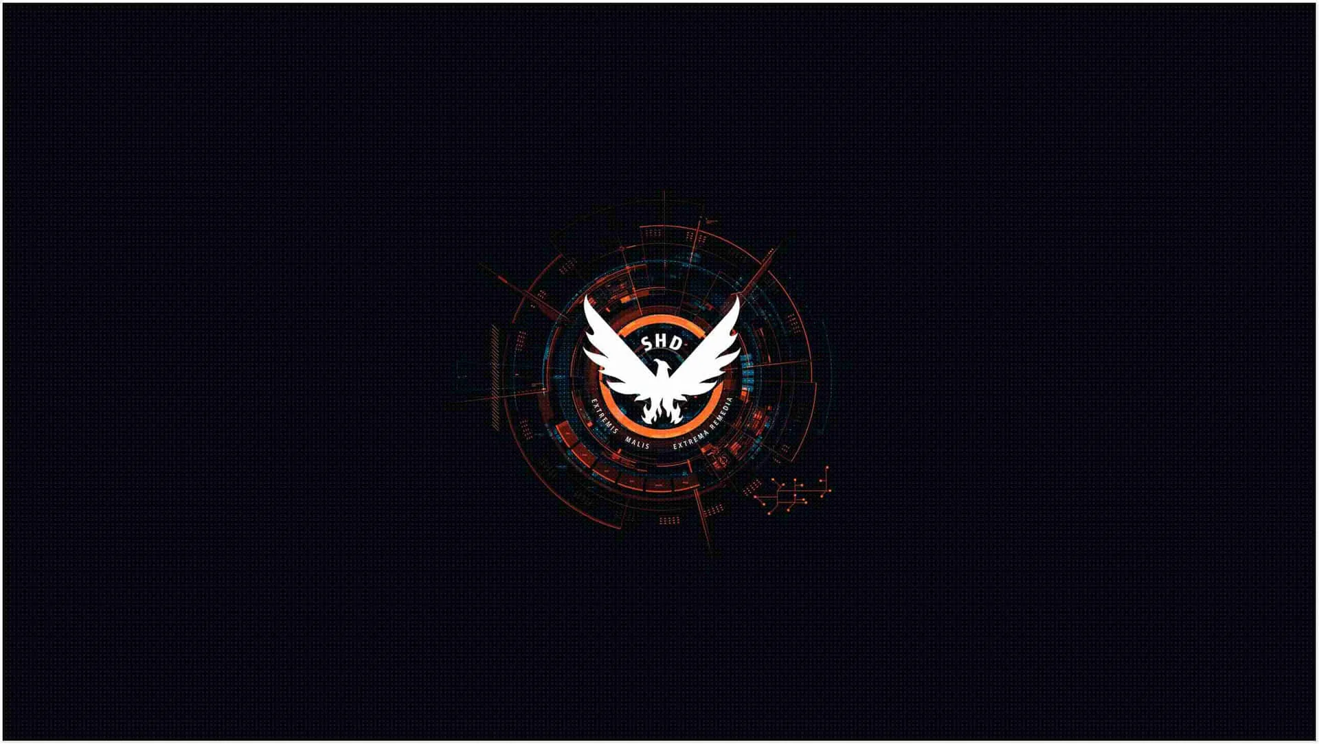 A white and orange phoenix mark sits inside a faint circular readout, centred on an almost black navy background.