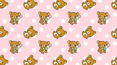 The bear repeats in alternating rows over white dots on rose pink, a landscape print dense enough that desktop icons land on a bear either way.