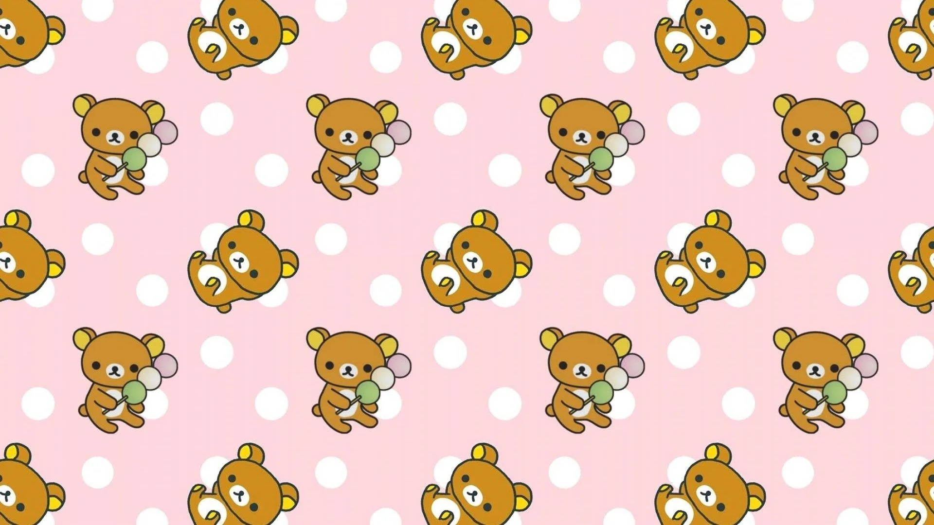 The bear repeats in alternating rows over white dots on rose pink, a landscape print dense enough that desktop icons land on a bear either way.