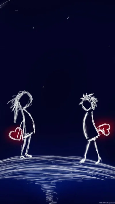 Two sketched figures face each other across a curved horizon, each carrying a small glowing red heart on a near-black blue ground.