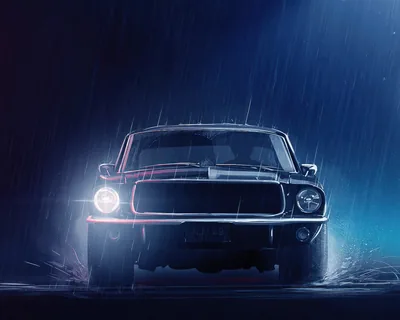 A classic Ford Mustang faces the camera through heavy blue rain at night, one round headlight blazing while streaks of rain blur the dark backdrop.