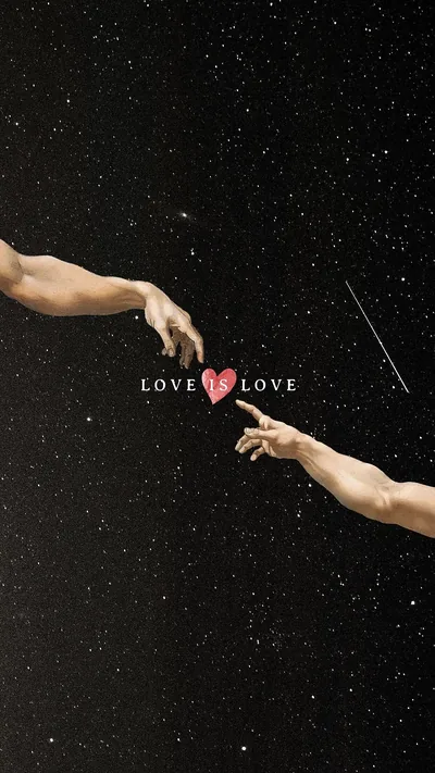 Two arms stretch toward each other across a star-flecked black sky, a small pink heart where the fingertips almost meet.