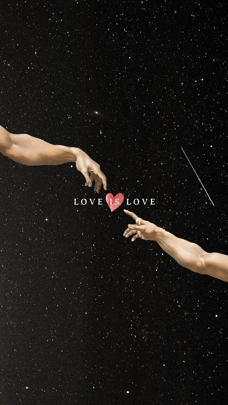 Two arms stretch toward each other across a star-flecked black sky, a small pink heart where the fingertips almost meet.
