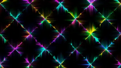 Points of light burst along a diagonal lattice, each one throwing coloured spikes that fade before they meet the next.