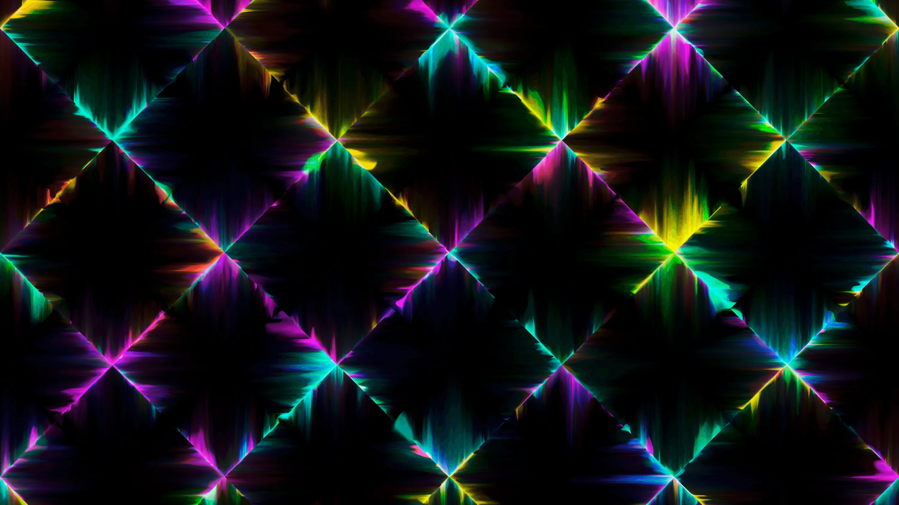Points of light burst along a diagonal lattice, each one throwing coloured spikes that fade before they meet the next.