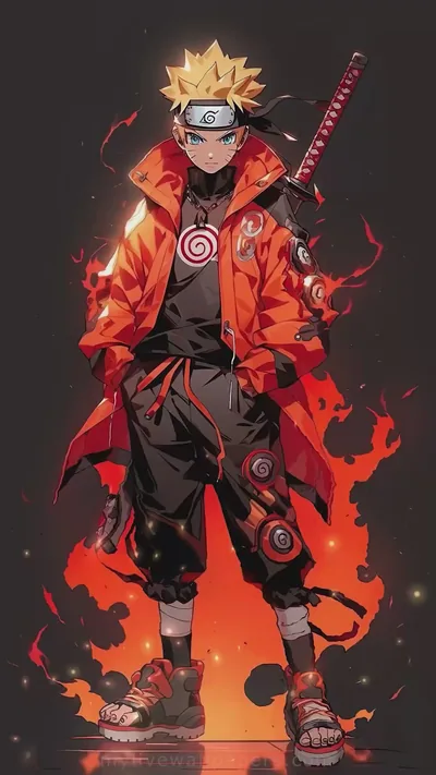 A full-length figure in a red cloak and black outfit with a sword on his back, red flame and spiral marks flaring around his feet.