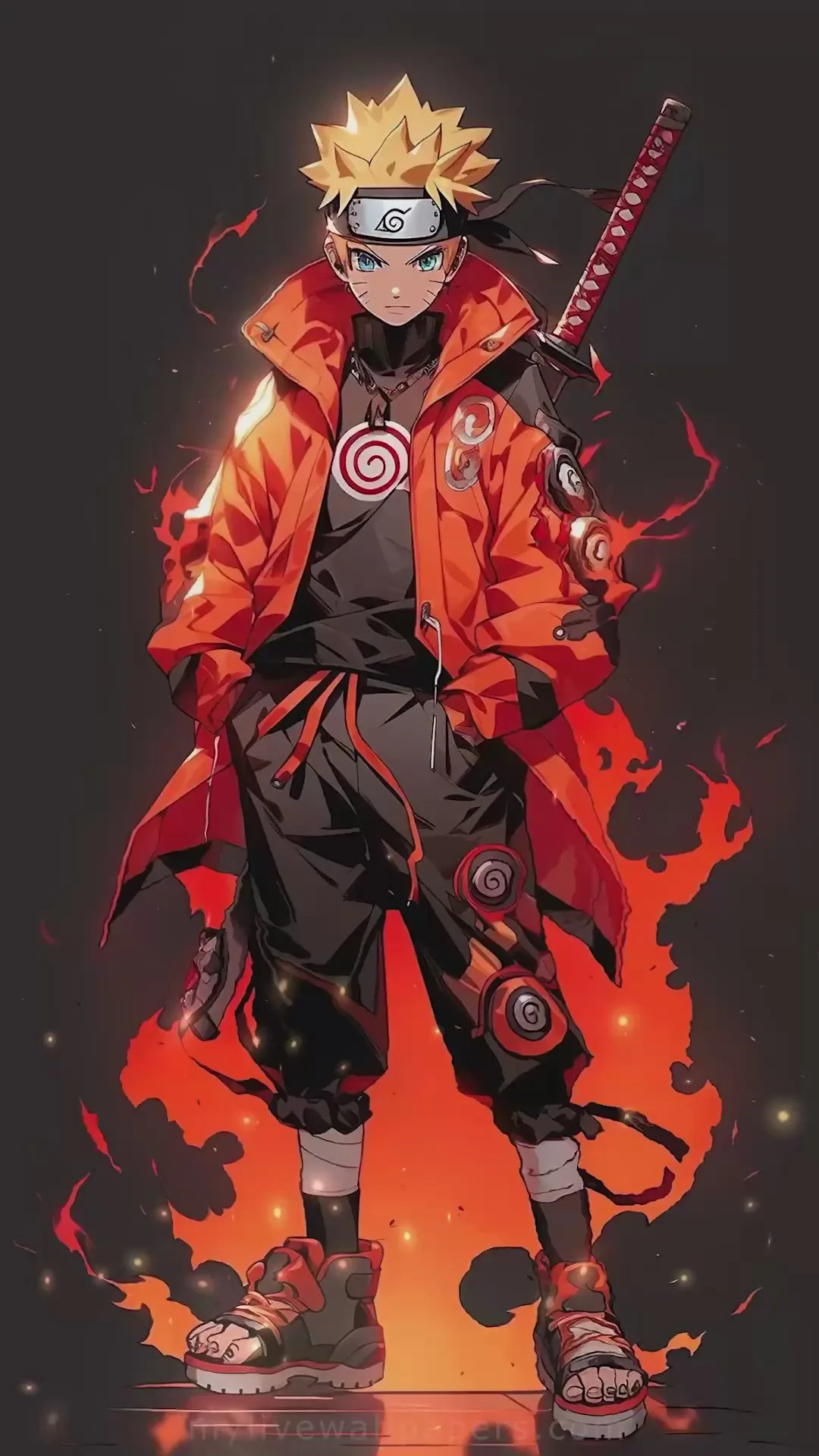 A full-length figure in a red cloak and black outfit with a sword on his back, red flame and spiral marks flaring around his feet.