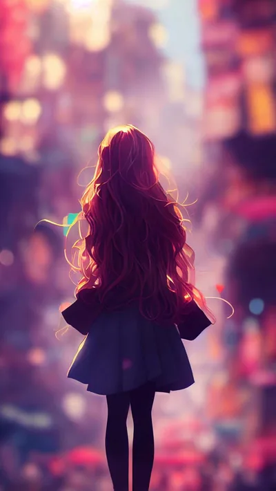 Seen from behind, a girl with long copper hair stands before a city blurred into pink and violet bokeh, light haloing the top of her head.
