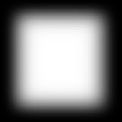 A soft-edged white block sits in the middle of a square frame, its glow falling off into solid black well before the borders.