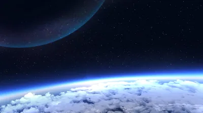 Sunlight rims a cloud-covered planet along the bottom of the frame, a shadowed moon fading into the upper left — most of the sky stays black for icons.