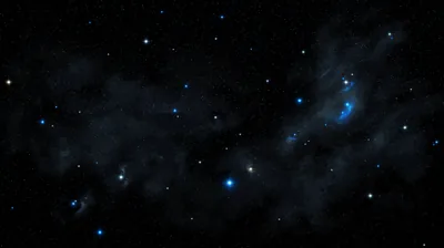 Cold blue stars scatter across black with soft dust glowing faintly around them, the brightest knot sitting just right of centre.