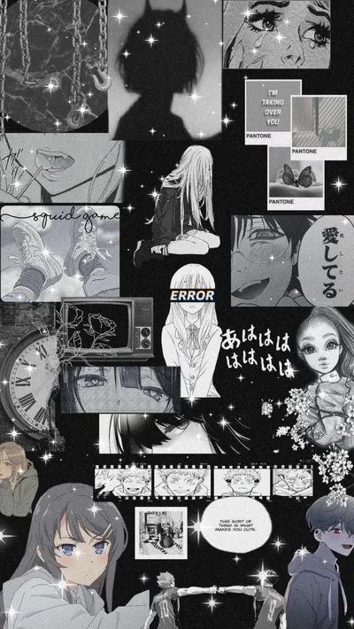 Crying manga eyes, error screens, clocks and colour swatch cards crowd a black-and-white collage dense enough that a full grid of icons blends straight in.