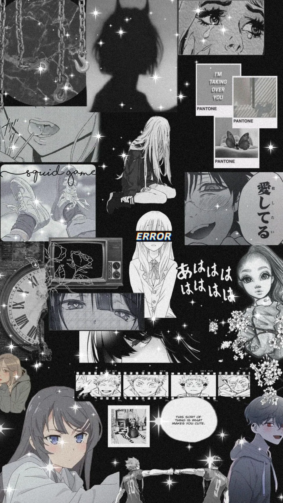 Crying manga eyes, error screens, clocks and colour swatch cards crowd a black-and-white collage dense enough that a full grid of icons blends straight in.