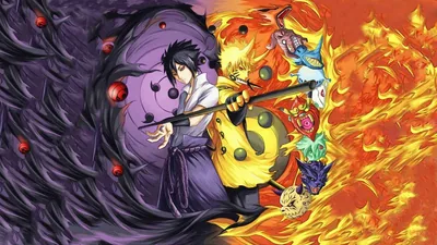 Sasuke's black Susanoo spiral studded with red orbs fills the left half while Naruto's golden chakra form and rolling flames answer on the right.