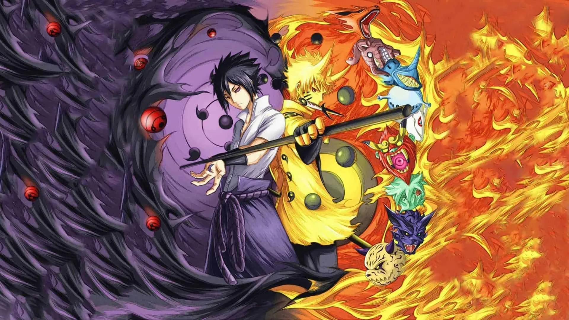 Sasuke's black Susanoo spiral studded with red orbs fills the left half while Naruto's golden chakra form and rolling flames answer on the right.