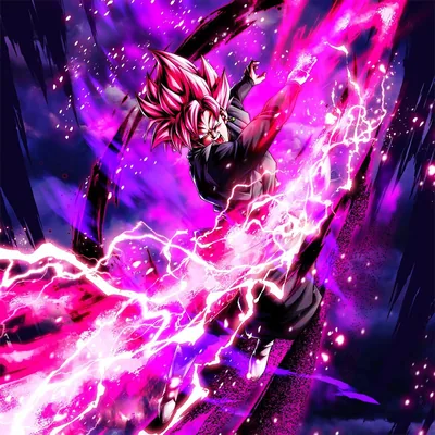 A rose-haired Saiyan swings through a huge magenta lightning arc that cuts the square frame diagonally, both upper corners easing into dark purple for icons.